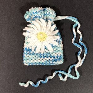 Crochet Drawstring Pouch, Daisy Flower, Blue White Teal Yarn